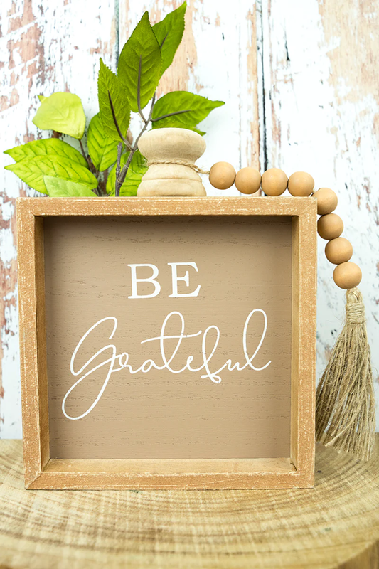 Fall Home Decor, 'Be Grateful' Wood Beaded Framed Tabletop Sign, 7.5in x 6in - 1ct