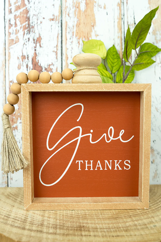 Fall Home Decor, 'Give Thanks' Wood Beaded Framed Tabletop Sign, 7.5in x 6in - 1ct